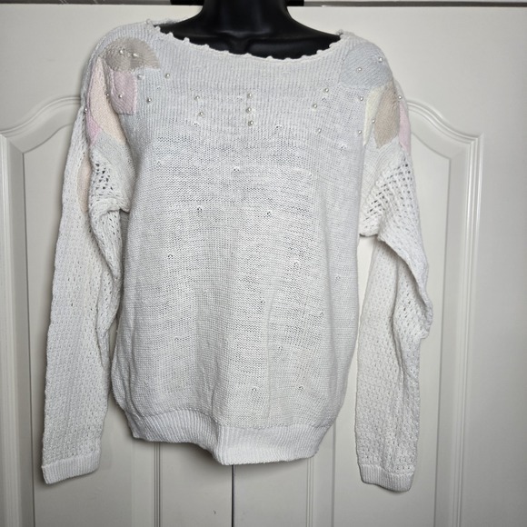 Vtg Sweater Pastel Leaves M  Faux Pearls‎  80s 90s Unbranded - Picture 2 of 13